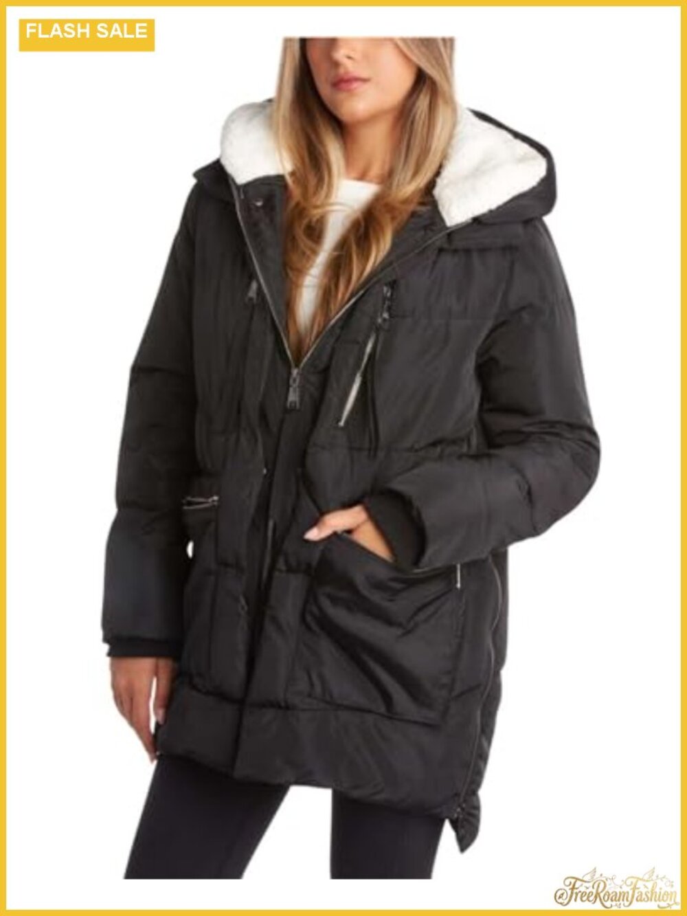 Womens Midlength Quilted Puffer Parka Coat Faux Sherpa Hood Winter